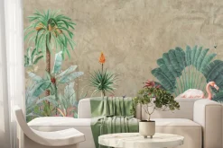 Fototapeta: Imitacja dżungli z flamingiem na betonie