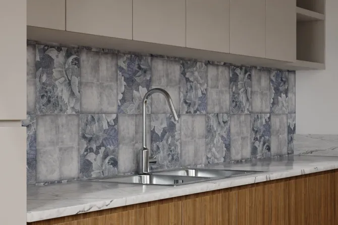 Fototapeta: Imitacja kwadratowych płytek z liśćmi