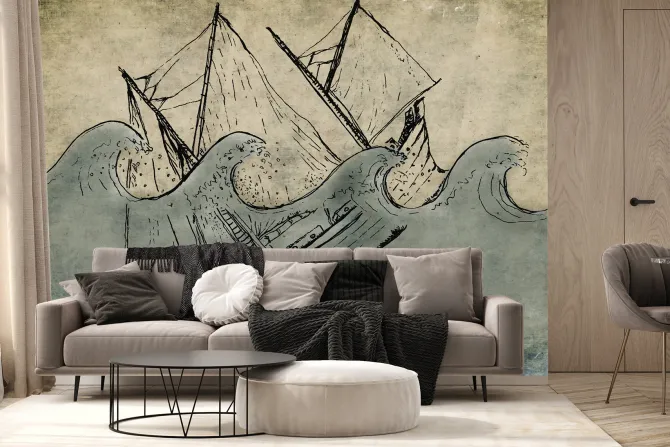 Fototapeta: Imitacja tonącego statku na morzu z falami