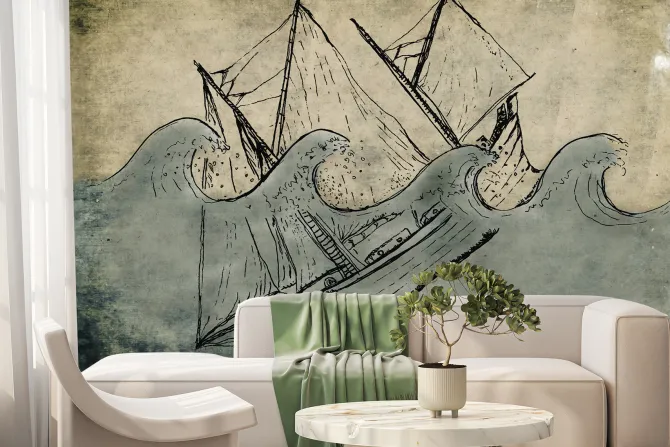 Fototapeta: Imitacja tonącego statku na morzu z falami