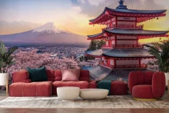 Fototapeta: Japoński dom na tle gór i zachodu słońca