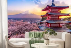 Fototapeta: Japoński dom na tle gór i zachodu słońca