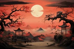 Fototapeta: Japoński krajobraz przy zachodzie słońca