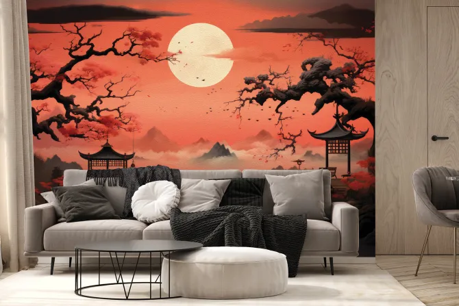 Fototapeta: Japoński krajobraz przy zachodzie słońca