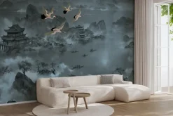 Fototapeta: Japoński krajobraz jeziora z gondolami i ptakami