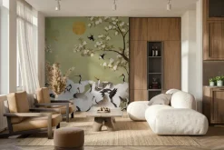 Fototapeta: Japoński ogród z żurawiami na zielonym tle