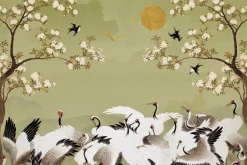 Fototapeta: Japoński ogród z żurawiami na zielonym tle