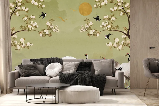 Fototapeta: Japoński ogród z żurawiami na zielonym tle