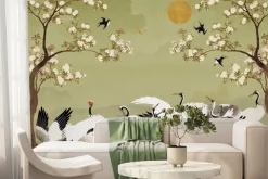 Fototapeta: Japoński ogród z żurawiami na zielonym tle