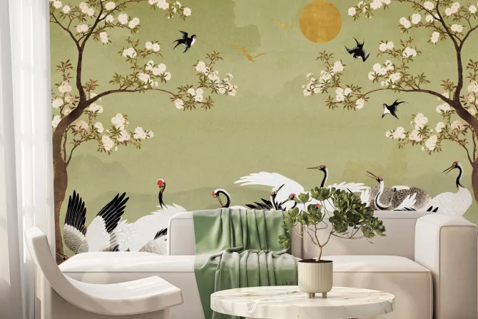 Fototapeta: Japoński ogród z żurawiami na zielonym tle