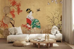 Fototapeta: Japoński ogród z kobietą i ptakami