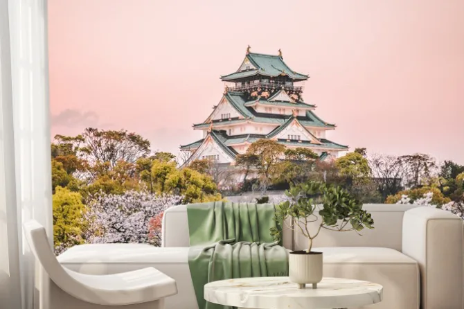 Fototapeta: Japoński zamek w mieście osaka o zachodzie słońca