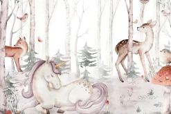 Fototapeta: Jednorożec i zwierzątka w akwarelowym lesie