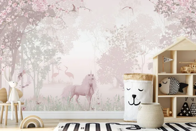 Fototapeta: Jednorożec w magicznym różowy lesie