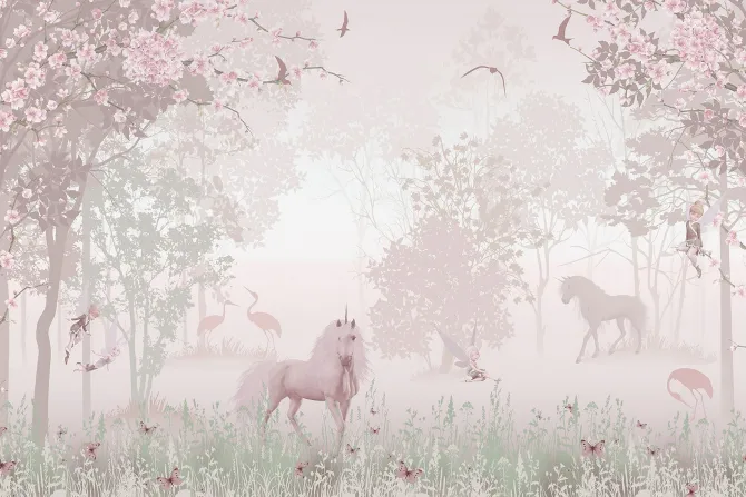 Fototapeta: Jednorożec w magicznym różowy lesie