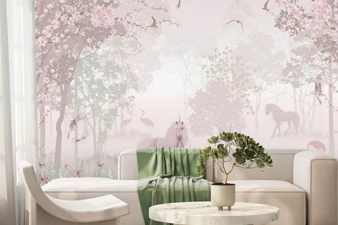 Fototapeta: Jednorożec w magicznym różowy lesie