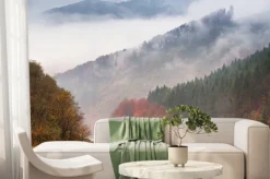 Fototapeta: Jesień deszcz i mgła w górach. kolorowy jesień lasowy tło