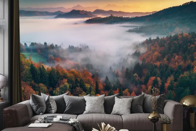 Fototapeta: Jesienny krajobraz poranek las we mgle