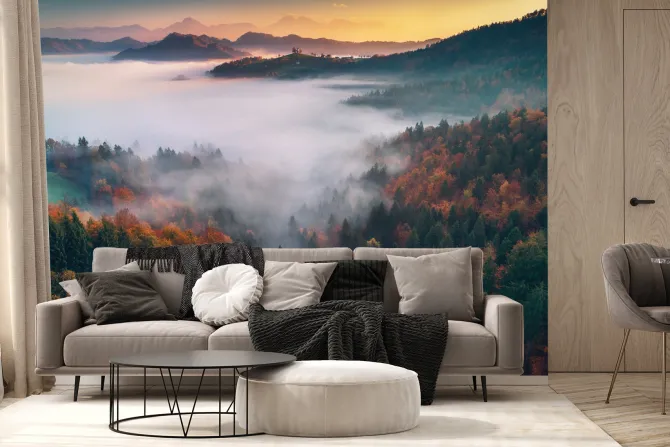 Fototapeta: Jesienny krajobraz poranek las we mgle