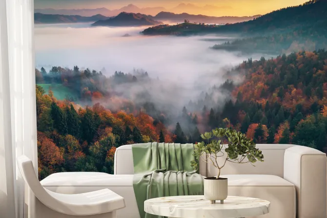 Fototapeta: Jesienny krajobraz poranek las we mgle