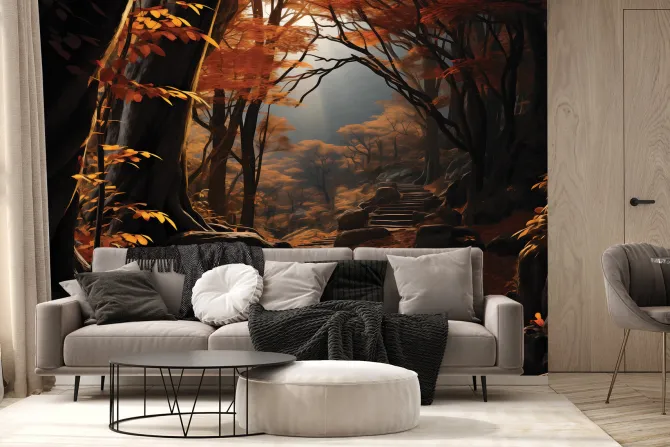 Fototapeta: Jesienny krajobraz lasu ze schodami