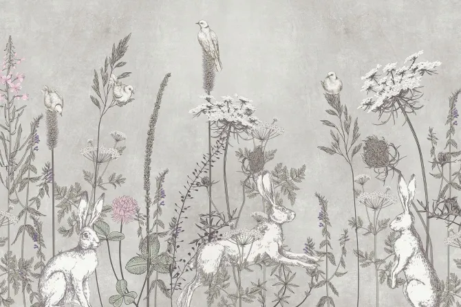 Fototapeta: Łąka z dzikimi kwiatami i zającami