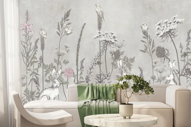 Fototapeta: Łąka z dzikimi kwiatami i zającami