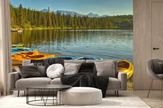 Fototapeta: Kajaki w pyramid lake in jasper national park, alberta, kanada