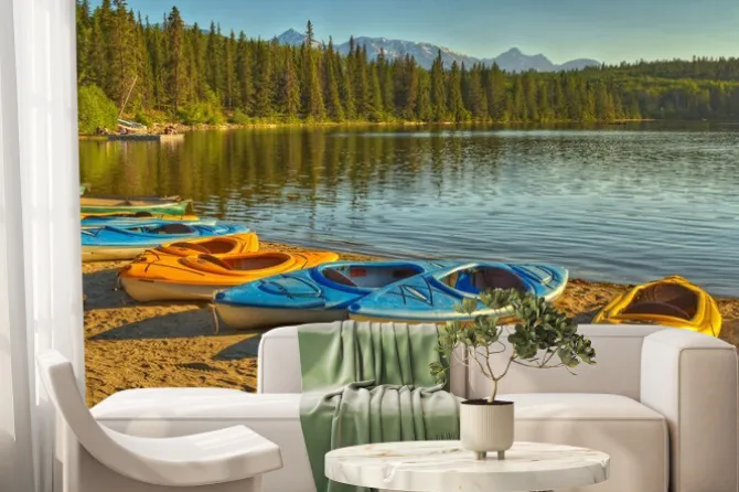 Fototapeta: Kajaki w pyramid lake in jasper national park, alberta, kanada