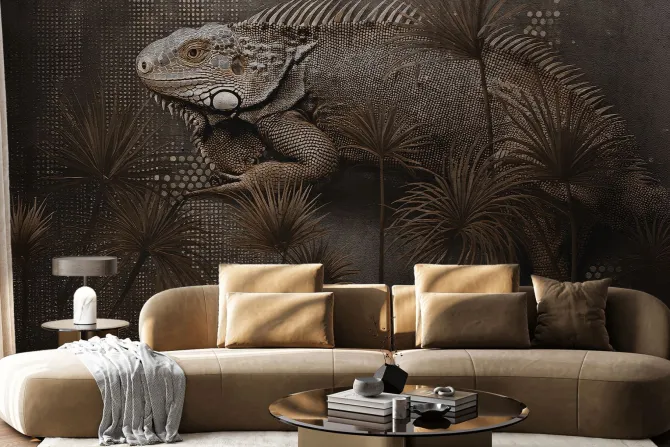 Fototapeta: Kameleon i tropikalne liście w stylu loft