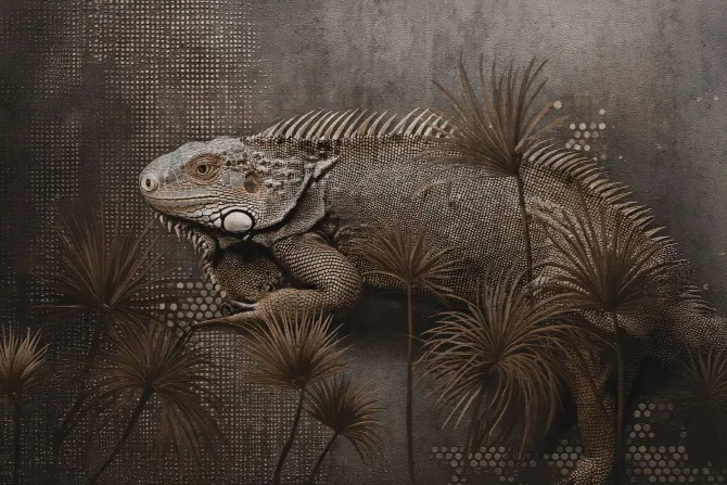 Fototapeta: Kameleon i tropikalne liście w stylu loft