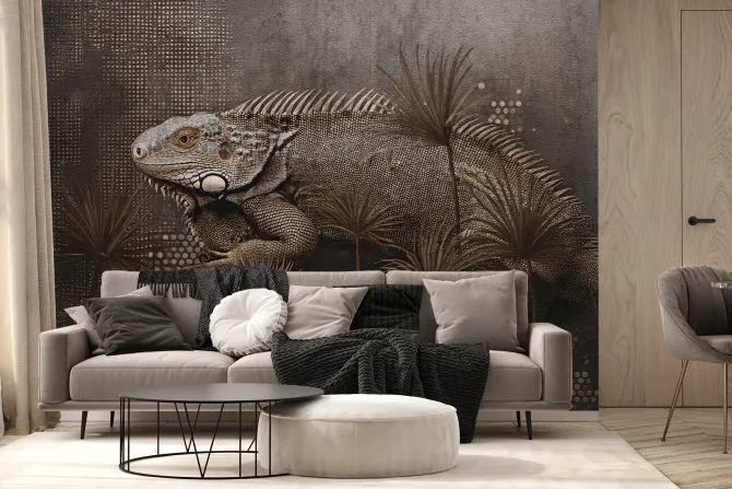 Fototapeta: Kameleon i tropikalne liście w stylu loft