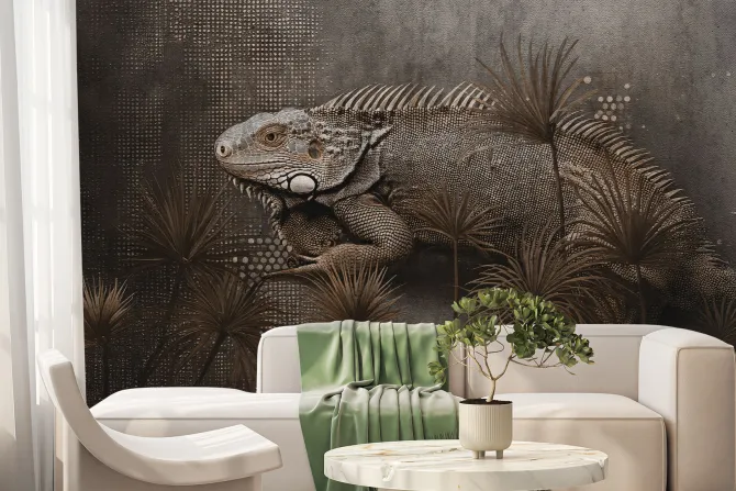 Fototapeta: Kameleon i tropikalne liście w stylu loft