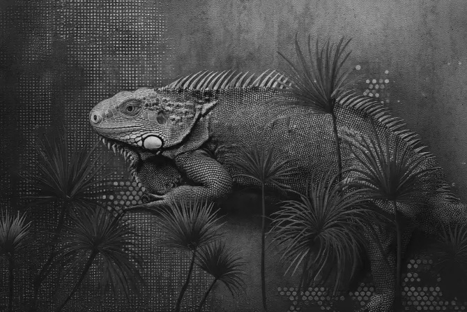 Fototapeta: Kameleon i tropikalne liście w stylu loft