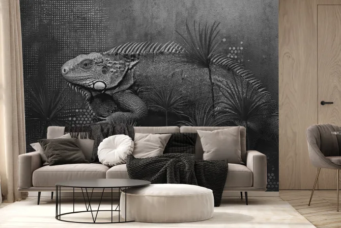 Fototapeta: Kameleon i tropikalne liście w stylu loft