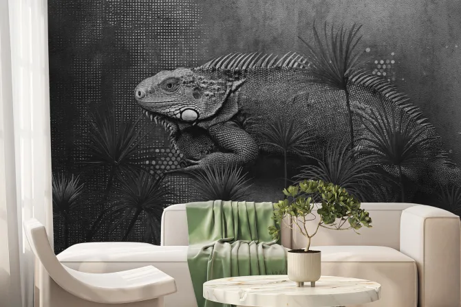 Fototapeta: Kameleon i tropikalne liście w stylu loft