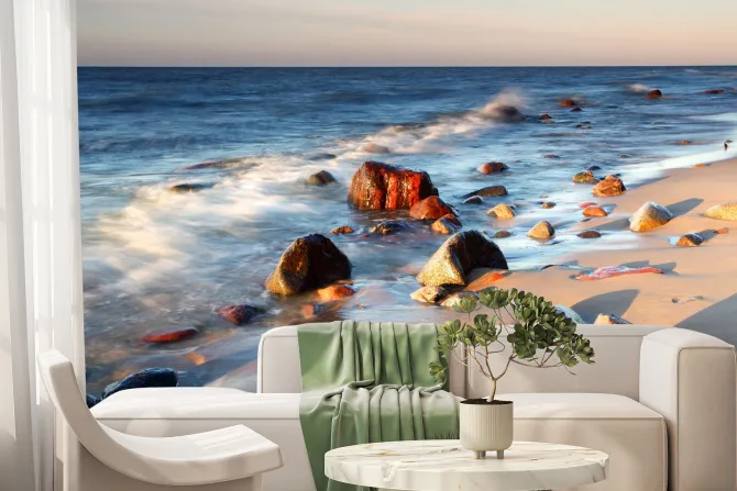 Fototapeta: Kamienie na plaży o zachodzie słońca