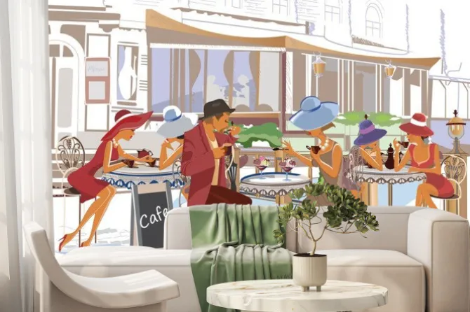 Fototapeta: Kawiarenka starego miasta w stylu akwareli