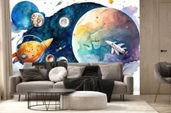 Fototapeta: Kids and animals with a bright moon, stars, and clouds, astronauts