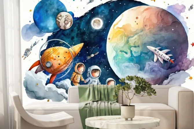 Fototapeta: Kids and animals with a bright moon, stars, and clouds, astronauts