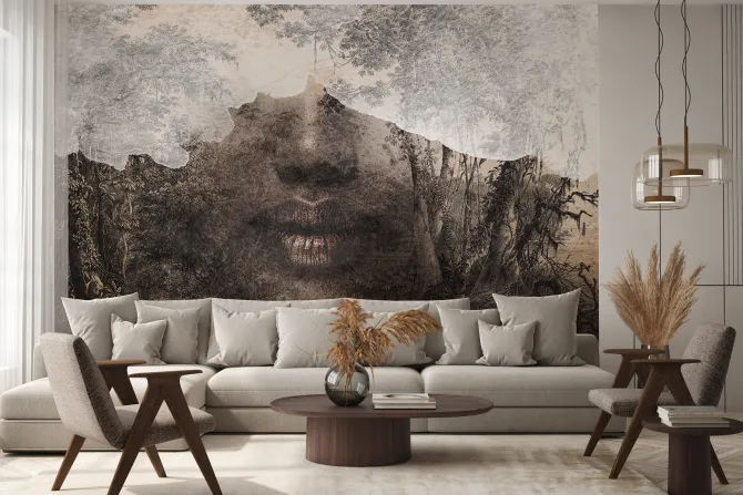 Fototapeta: Kobiecy portret abstrakcyjny ze złotawym akcentem na ustach wśród