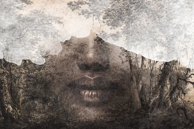 Fototapeta: Kobiecy portret abstrakcyjny ze złotawym akcentem na ustach wśród