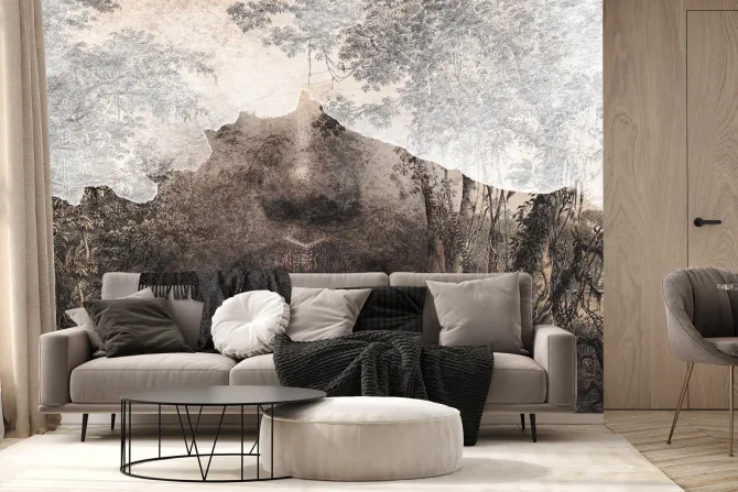 Fototapeta: Kobiecy portret abstrakcyjny ze złotawym akcentem na ustach wśród