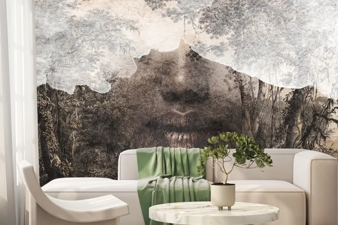 Fototapeta: Kobiecy portret abstrakcyjny ze złotawym akcentem na ustach wśród