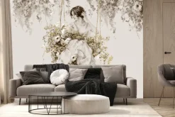 Fototapeta: Kobieta na huśtawce wśród kwiatów