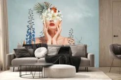 Fototapeta: Kobieta na portrecie z kolorowymi kwiatami