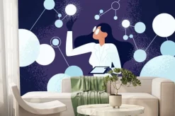 Fototapeta: Kobieta naukowiec w fartuchu laboratoryjnym sprawdzającym sztuczne