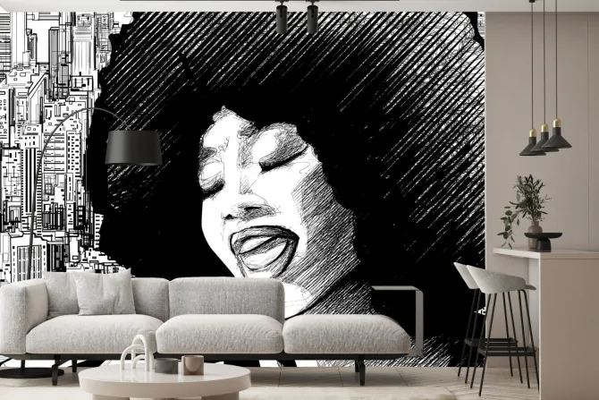 Fototapeta: Kobieta śpiewająca w miejskim otoczeniu czarno biały rysunek