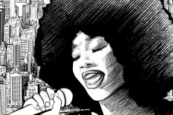 Fototapeta: Kobieta śpiewająca w miejskim otoczeniu czarno biały rysunek