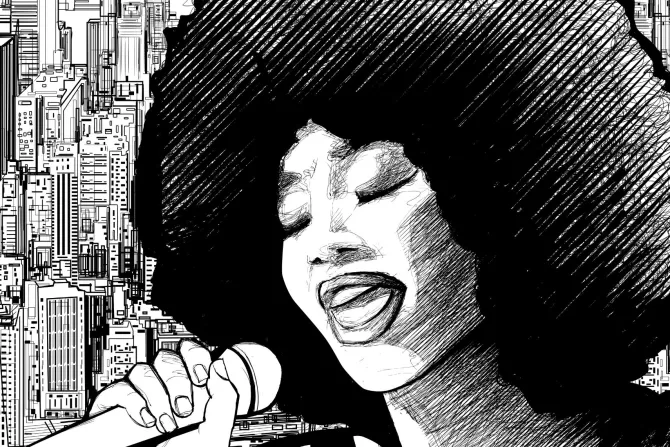 Fototapeta: Kobieta śpiewająca w miejskim otoczeniu czarno biały rysunek